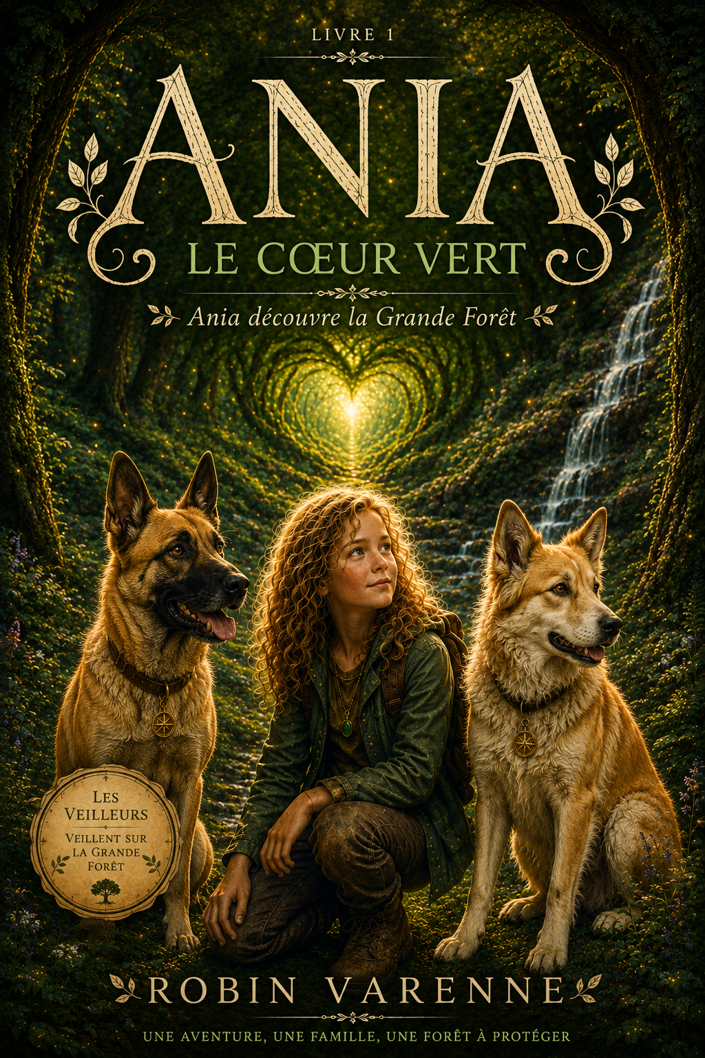 Couverture d'Ania — Le Cœur Vert : Ania agenouillée entre ses deux chiens Aultra et Shadow, face à une clairière en forme de cœur baignée de lumière verte.